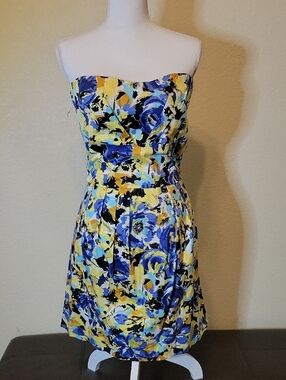 Zenobia Strapless Floral Sundress in Blue, Yellow & Black Size 2XL/2X Grande